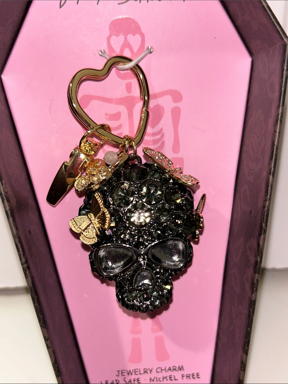Betsey Johnson black crystal skull& butterfly bag charm keychain NIB/NWT - Picture 3 of 13